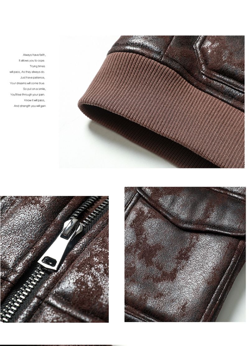 Men's Aviator Style PU Leather Jacket With Embroidered Patches, Fleece-Lined Biker Coat For Winter (Black, Brown, Vintage Brown)_voghion.com