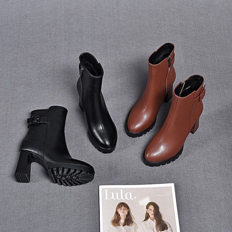 Stivali in pelle con fibbia e tacco alto impermeabili con plateau per donna Stivali termici in pelle_voghion.com