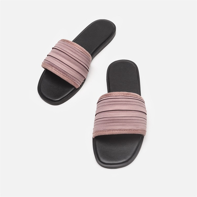 Sandálias femininas com textura enrugada - Chinelos de salto baixo com bico aberto (minimalistas, versáteis para praia e uso casual)_voghion.com