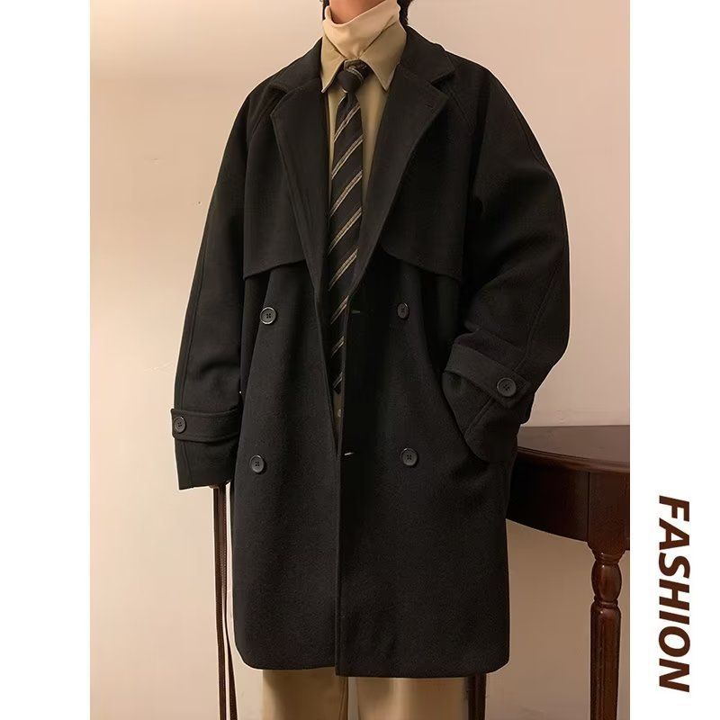 Autumn And Winter New Double Row Buttoned Medium To Coat, Men's Woolen Windbreaker, Loose Long Coat_voghion.com