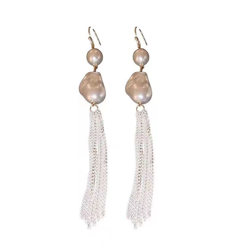 Orecchini da donna ganci per orecchie con nappe di perle, design elegante e alla moda, orecchini di lusso leggeri, orecchini pendolari retrò di nicchia per le donne_voghion.com