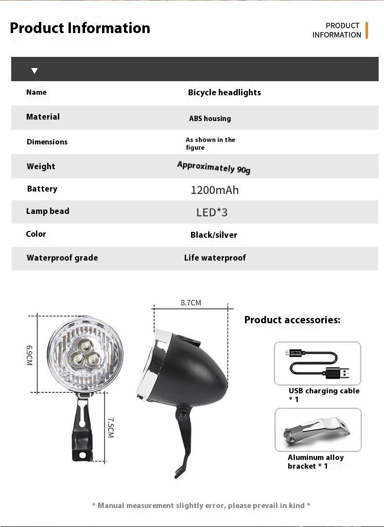 Bicycle Mountain Bike USB Rechargeable 3LED Light Front Lighting Riding Gear_voghion.com