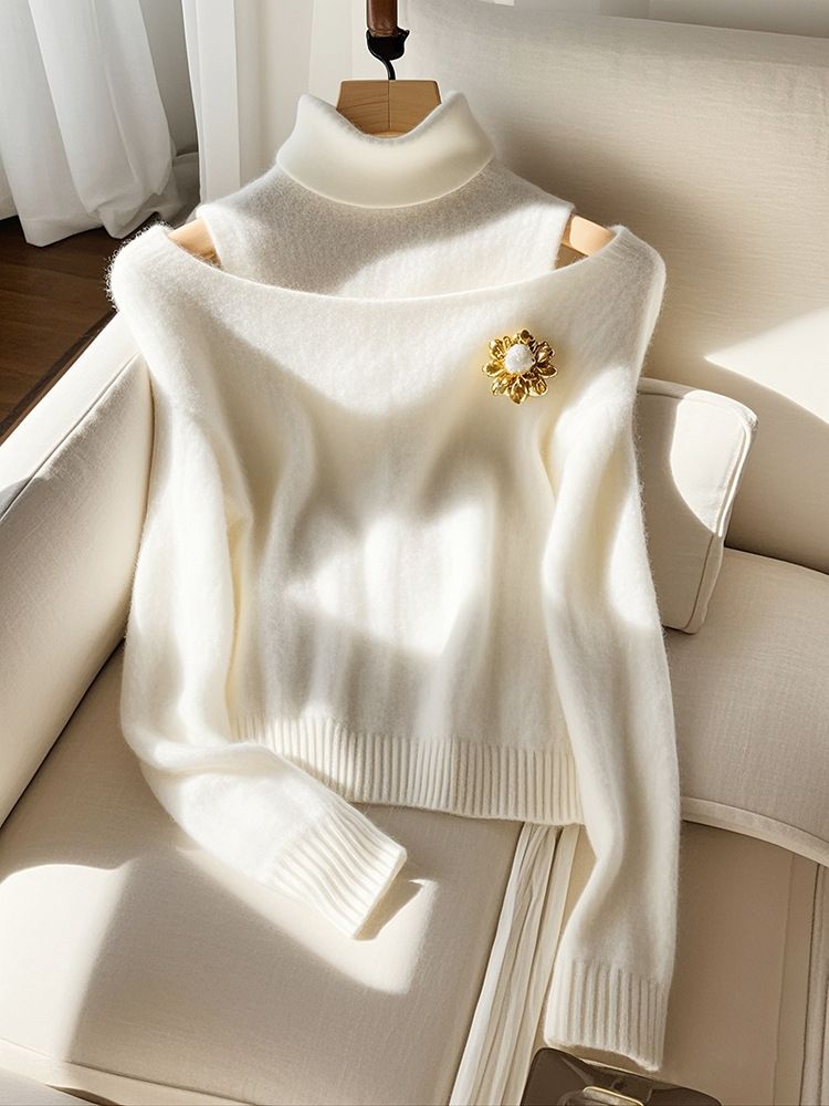 Women's Clothing High End And Beautiful White Turtleneck Sweater For Women Winter Soft And Lazy Style Inner Wear Base Knitted Top_voghion.com