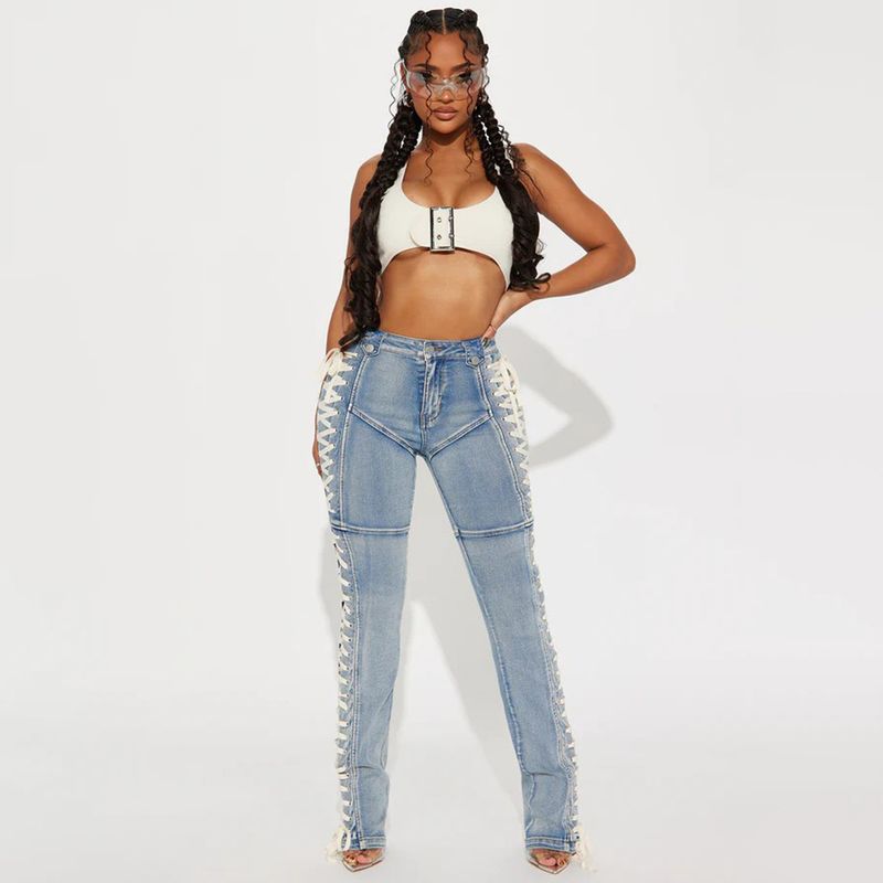 Deconstructed Raw-Hem Jeans – High-Waisted Corset Lacing Detail (S-L, Stretch Cotton Denim, Distressed Knee Slits, Raw Edge Cuffs, Streetwear Grunge)_voghion.com