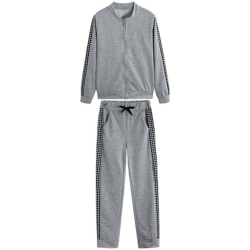 Damer långa sport Casual Zip Patchwork Rutig kostym_voghion.com