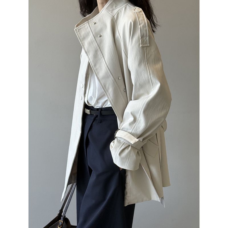 Yanshuang British Style Stand Collar Trench Women, Loose Casual Tie Waist Short Coat For Autumn 82585_voghion.com