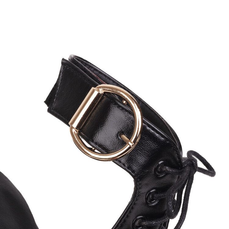 Round head open toe solid color front lace-up square buckle waterproof platform thick high heel sandals for women_voghion.com