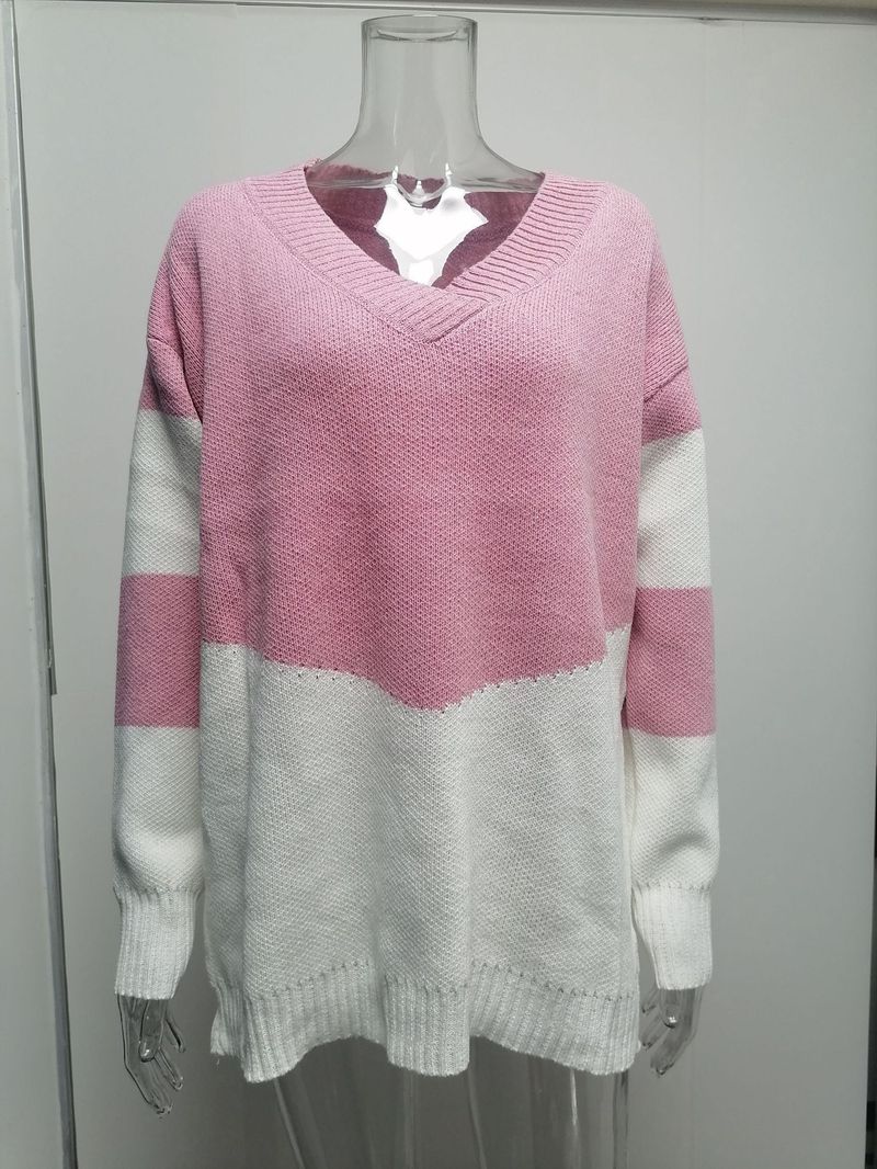 Pull ample à col en v pour femme, pull ample avec couleurs contrastées, automne et hiver_voghion.com