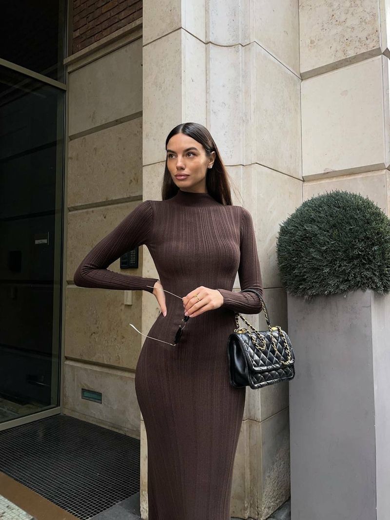 Women Elegant Long Sleeve Knitted Maxi Dress High Neck Bottoming Striped Sweater Slim Long Dress Bodycon Party Club Streetwear_voghion.com