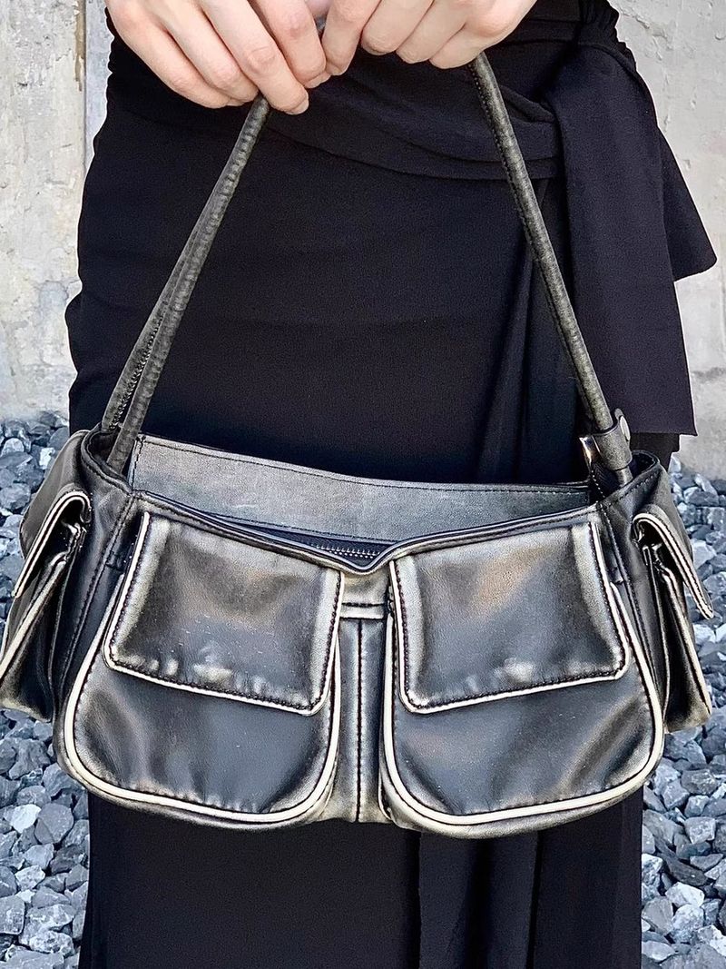 2025 Neue trendige Mode Hunderte von Biker-Wind gewaschene Farbe Multi-Pocket-Design Schulter Unterarm Tasche Nische Persönlichkeit_voghion.com
