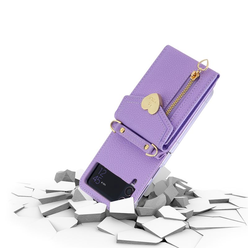 Bolsa de moedas com zíper Bolsa de couro transversal Bolsa carteira para Samsung Z Flip 6 4 5 3 Flip3 Alça de pescoço Alça de ombro Capa porta-cartão_voghion.com
