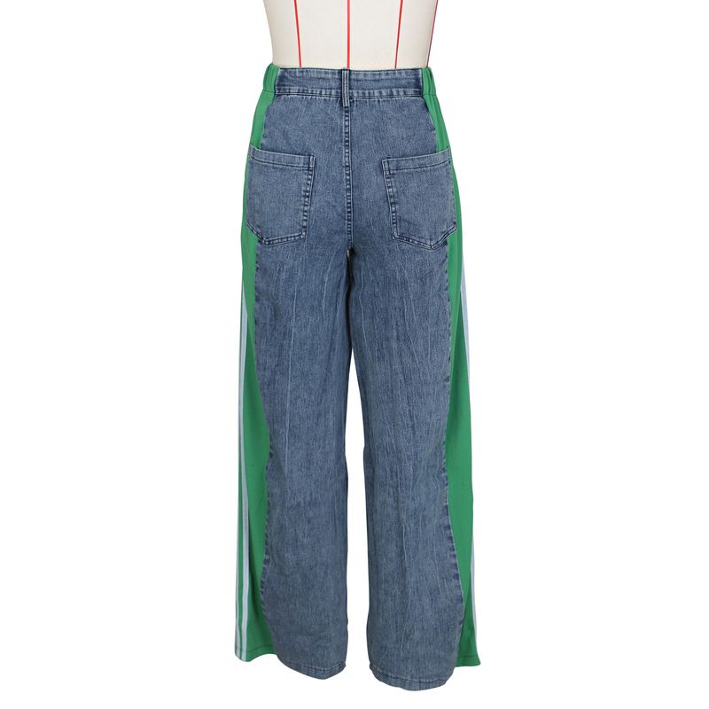 Ropa de mujer Pantalones vaqueros de pierna ancha con tres rayas y empalme de moda de verano Pantalones rectos elásticos de cintura alta informales nuevos para mujer_voghion.com