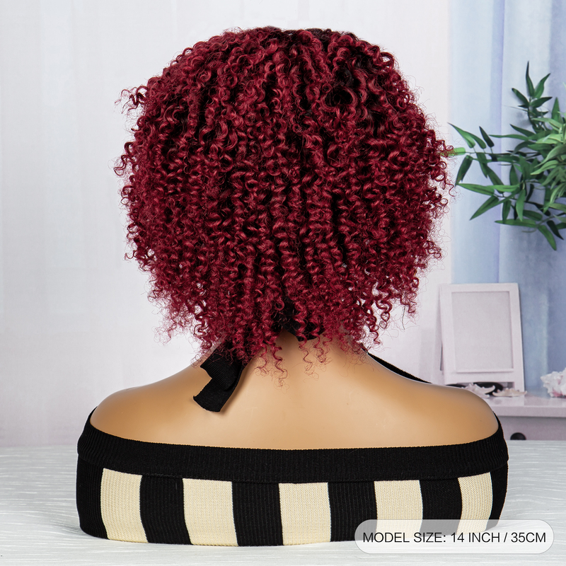 Burgundy human hair machine-made short curly bangs full head two-color wig_voghion.com