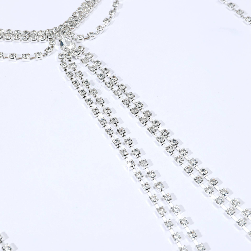 New Fashion Sparkling Diamond Water Drop Zircon Tassel Chest Chain Dinner Shoulder Chain Necklace Body Chain Water Diamond Chain Women's Accessori_voghion.com