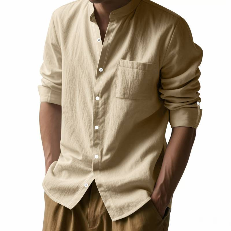 Camicia in lino monopetto a maniche lunghe con colletto alla coreana da uomo, colore puro, moda 2025, S-3XL_voghion.com