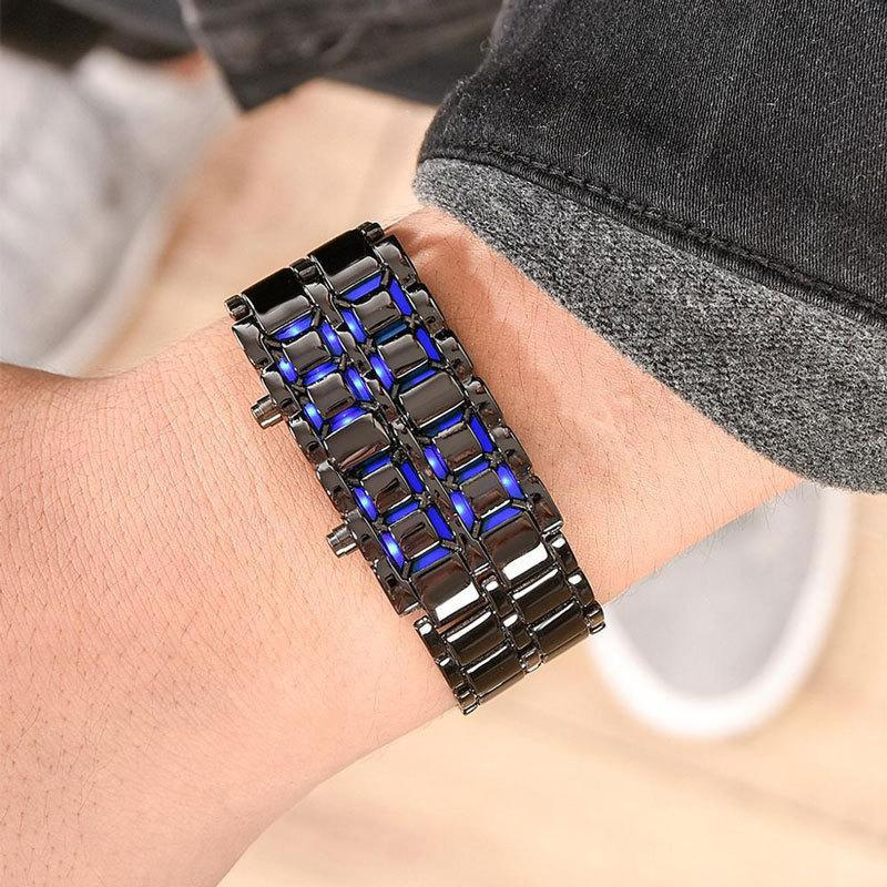 Men's LED Digital Watch With Alloy Steel Band, Red & Blue Light Display, Mineral Glass Face, Rectangle Dial Light Display Digital Watch_voghion.com
