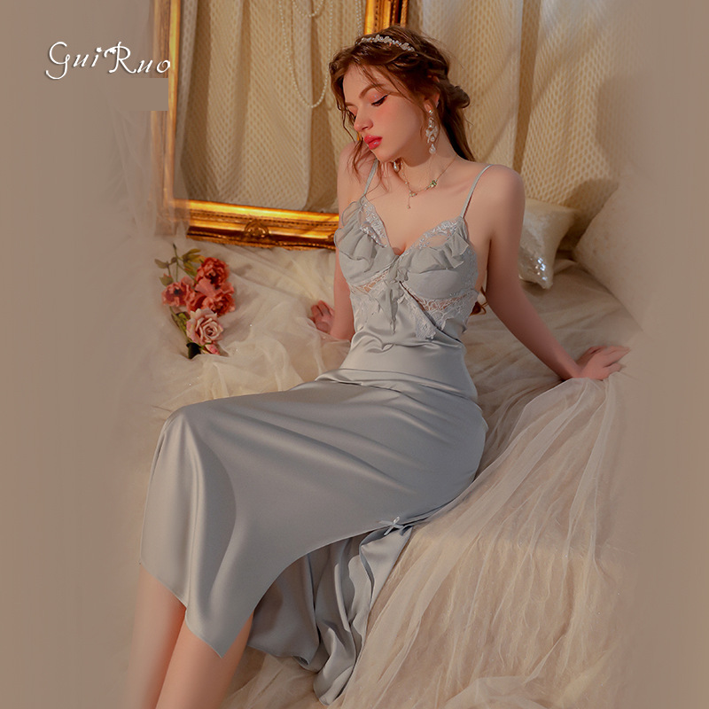 Underwear & Sleepwears Elegant Plus Size Loungewear Set - Satin V-Neck Sleep Dress With Padded Bralette & Slit Robe, Adjustable Belt, Comfortable_voghion.com