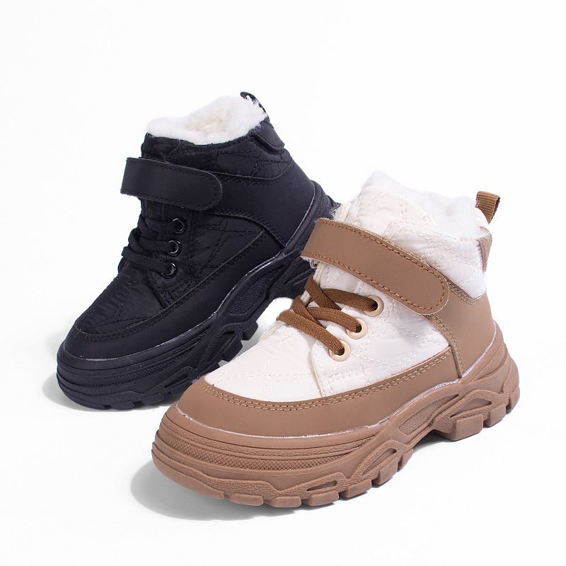 Kids' Fleece-Lined Winter Boots – Warm PVC Snow Boots With Velcro & Non-Slip Sole (Sizes 26-32, Black/Beige)_voghion.com
