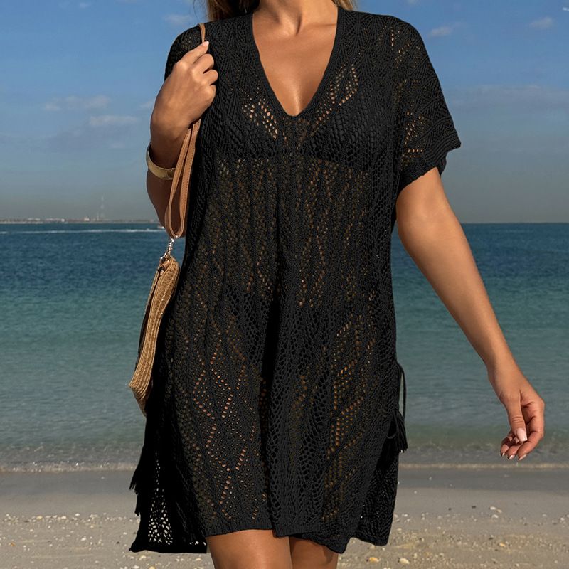 Breathable Mesh Knit Cover-Up Beach Shirt - Loose Fit Bikini Swimwear Wrap For Summer & Spring (White, Beige, Black, One Size)_voghion.com