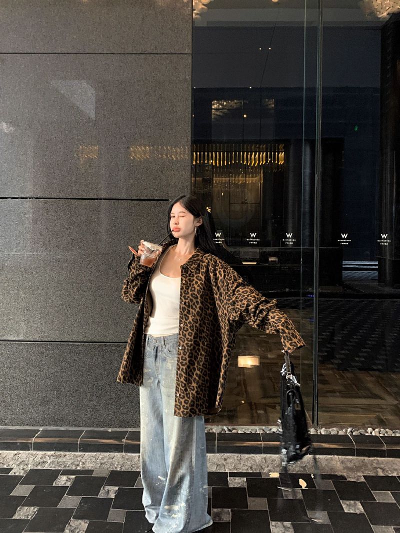 Giacca oversize casual con stampa leopardata per donna, stile americano autunnale, vestibilità ampia e dal design unico_voghion.com