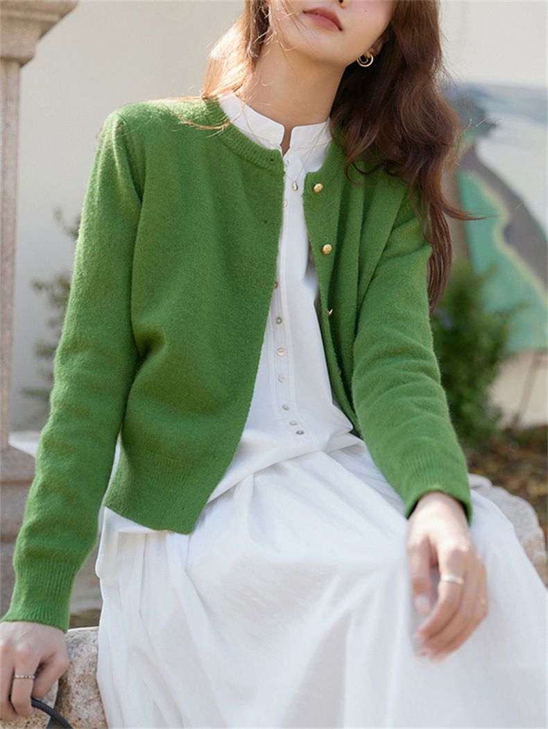 Cardigan lavorato a maglia con scollo rotondo e bottoni dorati, da donna, coreano, delicato, autunno 2024, casual, basico, giacca_voghion.com