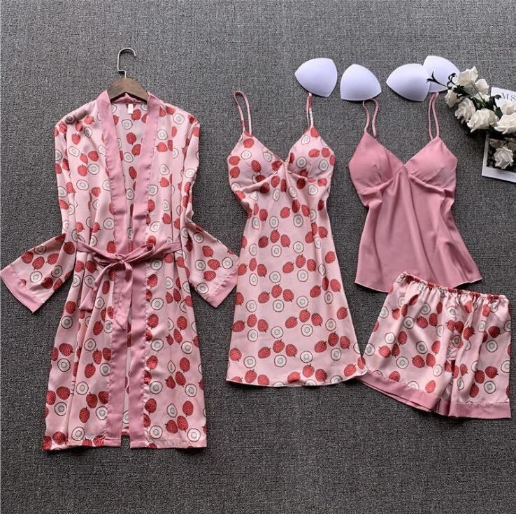 Women's Clothing large size home clothes printing four piece set fashionable and comfortable lace pajamas set_voghion.com