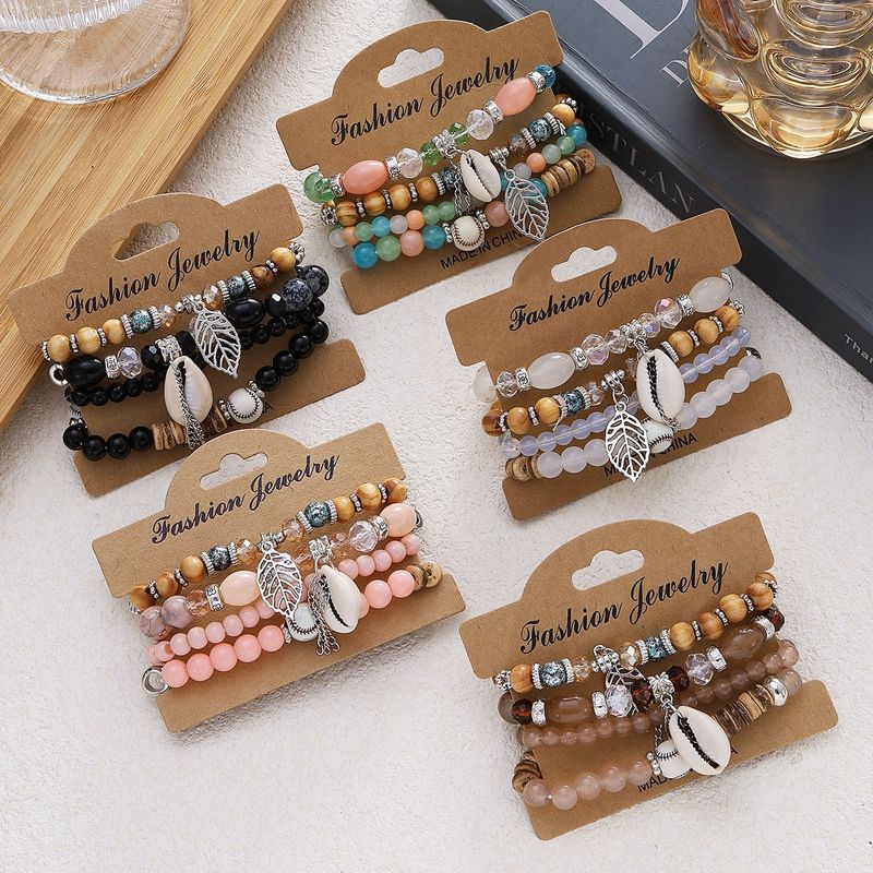 Bohemian Crystal Bracelet – Handmade Alloy With Conch Leaf Pendant, Multi-Layer Beaded Jewelry For Women_voghion.com