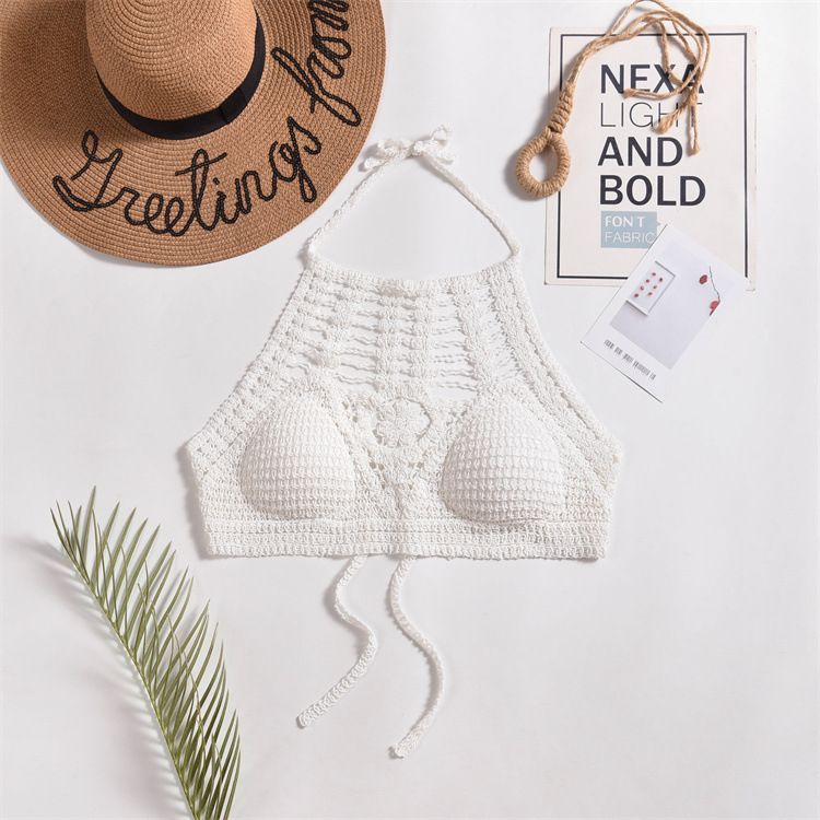 Halter neck small vest camisole women short style inner wear with exposed shoulder straps chest pad top backless hollow tube top embroidered vest_voghion.com