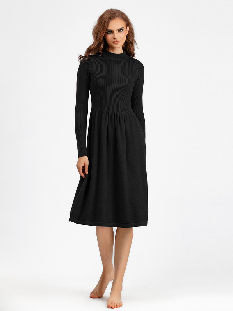 Abbigliamento da donna Autunno e inverno colletto semi-alto grande pendolo abito lungo in maglia vita dimagrante maniche lunghe maglione temperamento semplice fondo_voghion.com