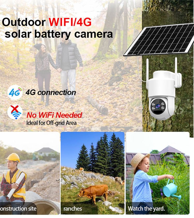 Telecamera di sicurezza solare 3MP WiFi/4G wireless per esterni con visione notturna, pannello solare, non necessita di alimentazione e Internet, memoria per scheda TF_voghion.com