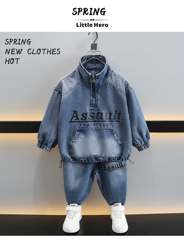 Kinderkleidung Jungen bedruckter Jeansanzug 2024 kleine und mittelgroße Jungen Internet-Promi modischer lässiger zweiteiliger Anzug trendige Kleidung und Hosen_voghion.com