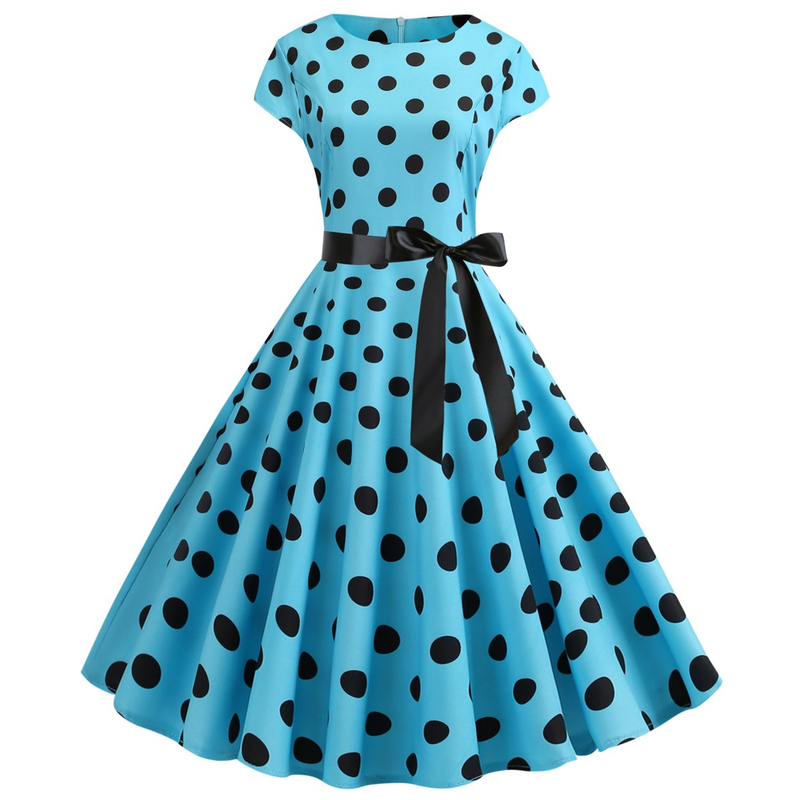Damen Rundhals Hut Ärmel rund Polka Dot Kleid schwarzes Band Taille_voghion.com