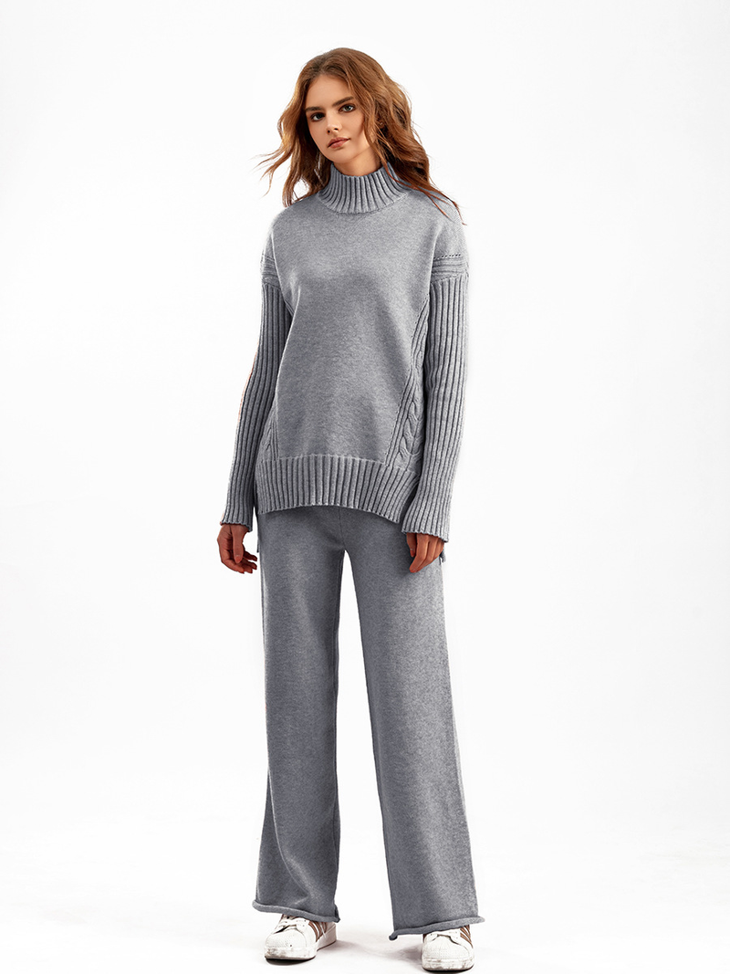 Conjunto de suéter estilo ocidental da moda feminina, calças de pernas largas, conjunto de duas peças_voghion.com