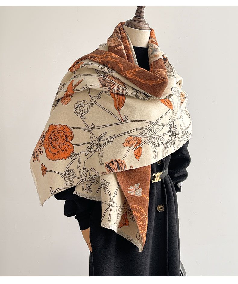 Dwustronny szal z imitacji kaszmiru – zimowy, ciepły, kwiatowy szal dla kobiet i na prezent (w stylu koreańskim, dwustronny, miękki i przytulny)_voghion.com