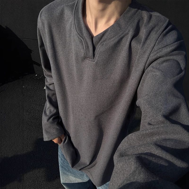 boy Boy Autumn Winter De Velvet V-Neck Sweatshirt Warm Inner Layer Base Shirt Long Sleeve T-Shirt Top Trendy Men's Cool Fashion_voghion.com