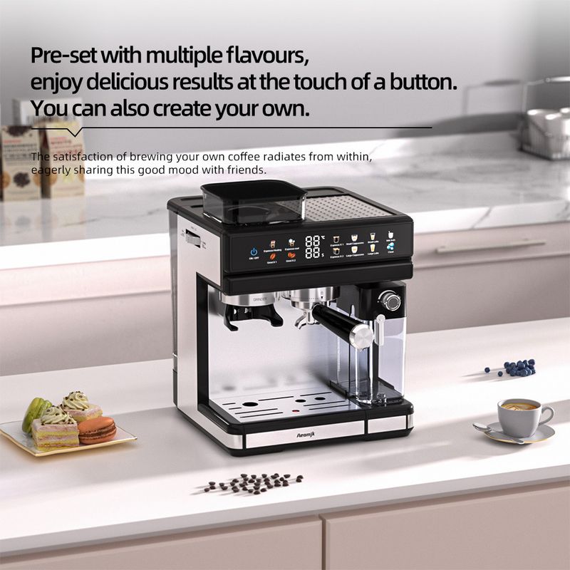 Semi-Automatic Espresso Machine With Built-in Grinder & Milk Frother – 1.8L Water Tank, 110-240V Universal Voltage, LCD Display (Model CM5720)_voghion.com