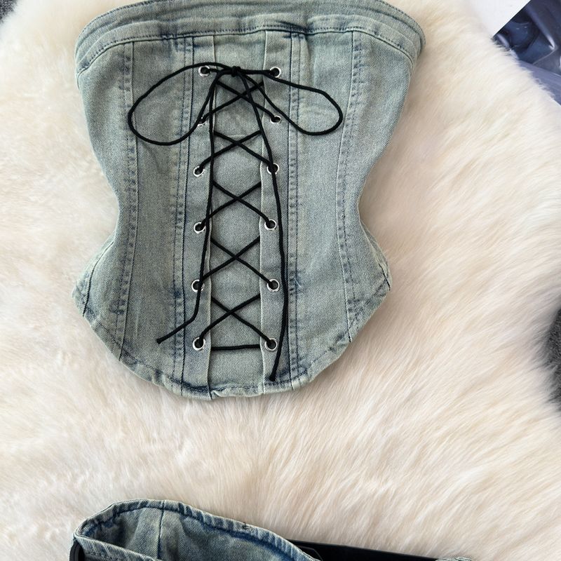 Roupas femininas Terno jeans retrô Top feminino Hottie Anti-exposição A Line Saia plissada Hottie Terno de duas peças_voghion.com