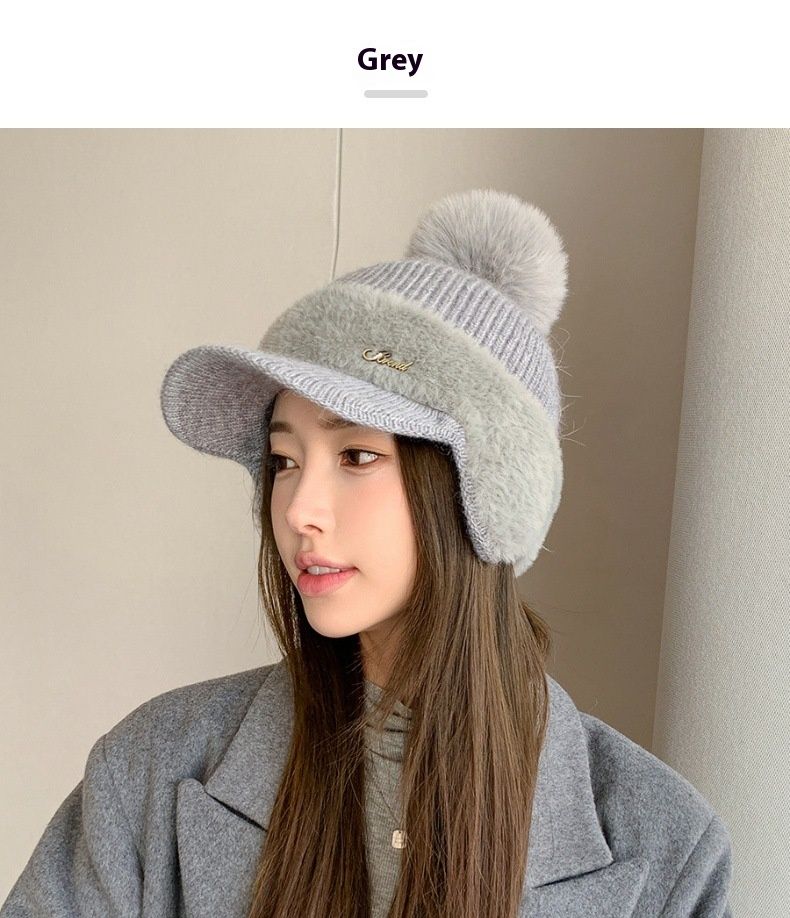 Winter New Spliced Mink Fur Ear Protection Rabbit Fur Baseball Cap For Children Fashionable And Versatile Solid Color Simple Wool Ball Knitted Cap_voghion.com