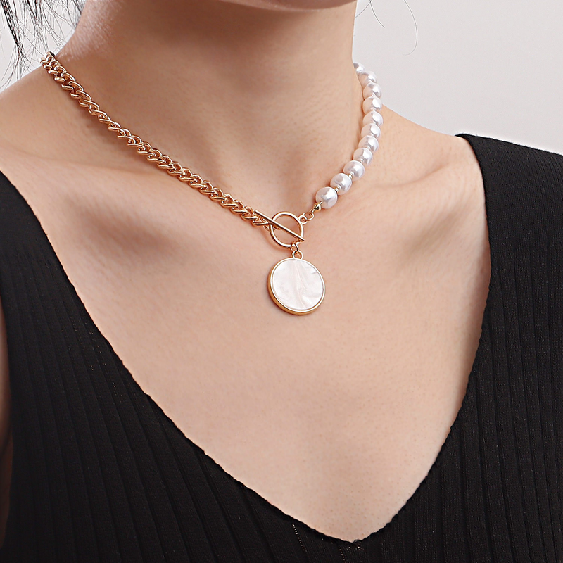 Perlenkette für Frauen, vergoldete Büroklammer-Gliederkette, Halskette mit Knebelverschluss, Halskette mit Caladium-Anhänger für Frauen, Schmuck, Geschenke_voghion.com