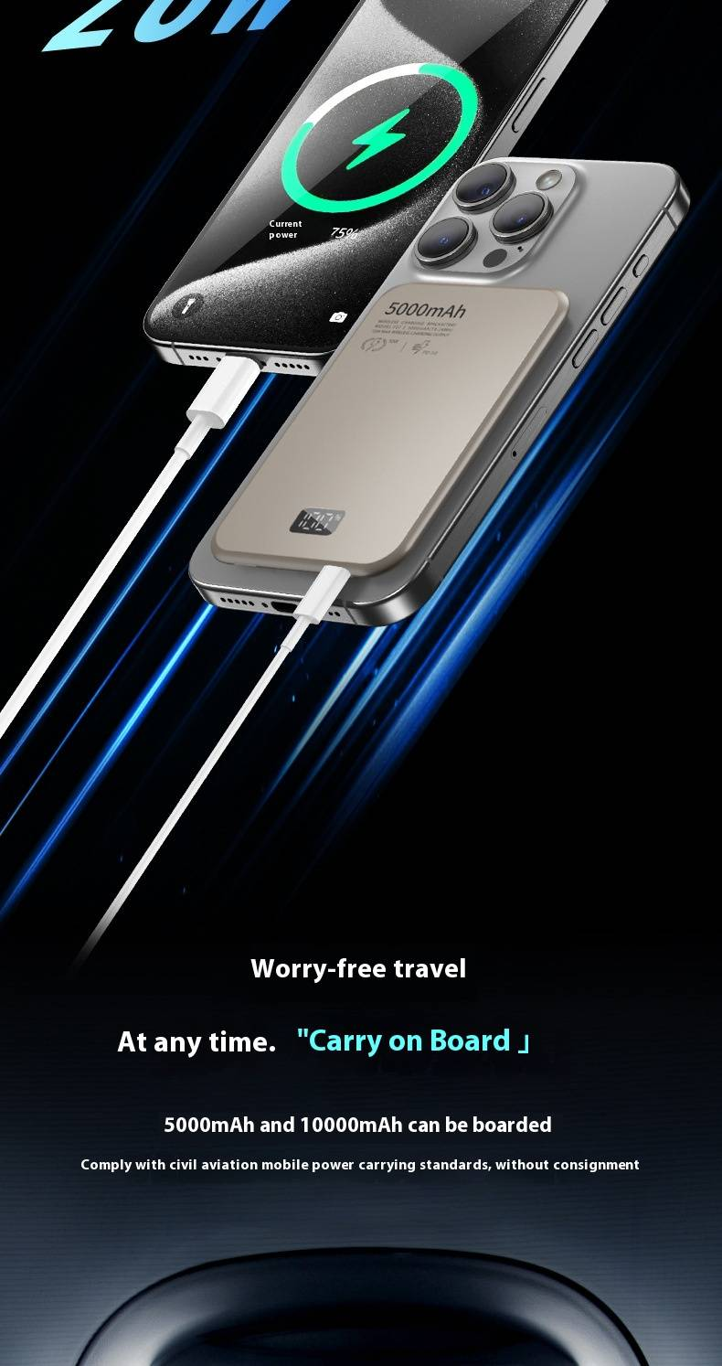 Caricabatterie wireless magnetico ultra sottile MagSafe con display digitale in lega di alluminio da 5000 mAh PD20W, power bank mobile a ricarica rapida_voghion.com