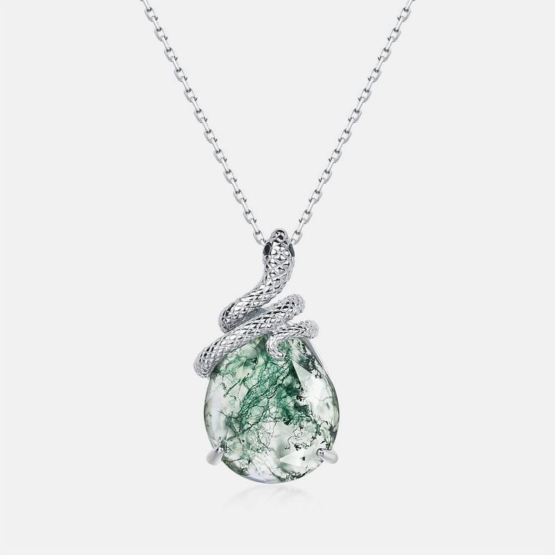 Ciondolo in pietra muschio verde naturale arrotolato a forma di serpente, ciondolo in agata erba acquatica intarsiata in argento S925 da donna_voghion.com