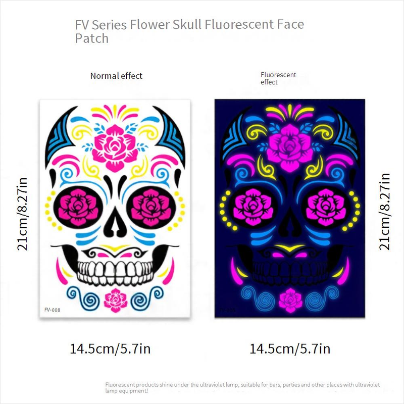 Halloween Temporary Tattoos Stickers - Glow In The Dark Day Of The Dead Face & Body Art For Party, Scary Makeup, Costume Accessories (8-Piece Set)_voghion.com