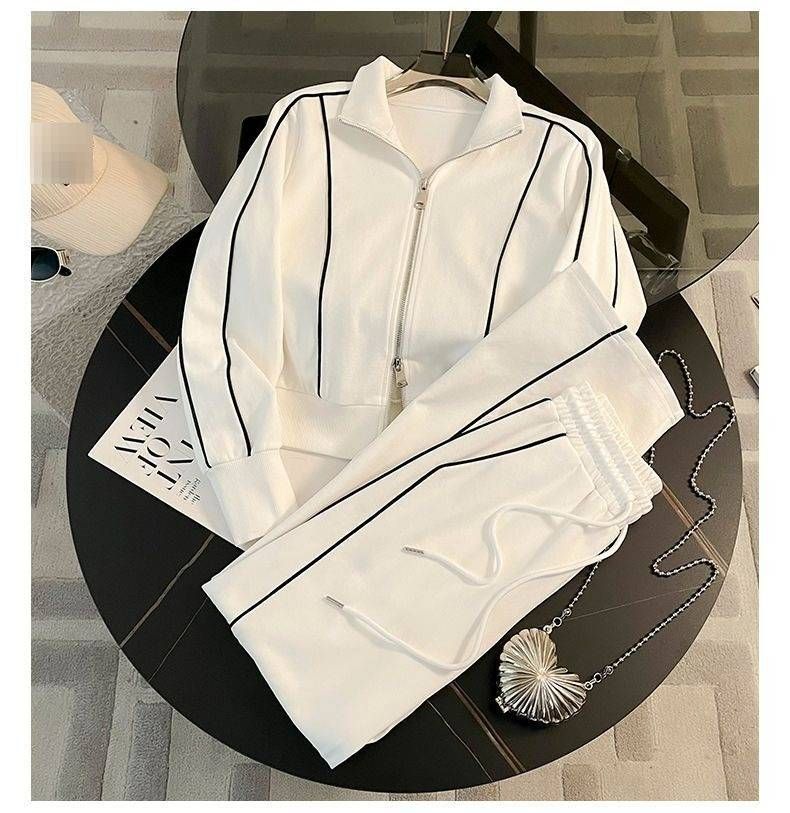 Women's Clothing Solid Color Hem Cut Zipper Hooded Sweatshirt Women's Trendy Brand High Waist Simple Fashion Straight Sweatpants Women's Suit_voghion.com