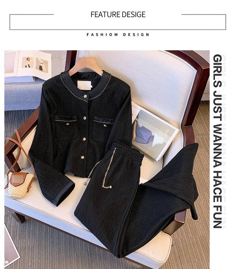 Conjunto feminino plus size casual elegante de duas peças, blazer de manga comprida e calças retas, poliéster elastano, elástico, confortável, para escritório_voghion.com
