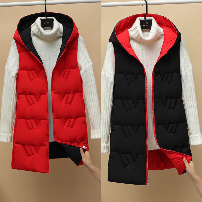 Reversible Hooded Puffer Vest For Women - Lightweight Quilted Long Sleeveless Jacket With Zipper, Warm Winter Layering Piece In Solid Colors_voghion.com