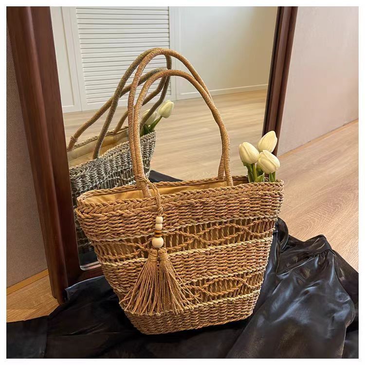 Hollow out paper rope woven bag, fashionable one shoulder grass woven bag, casual women's bag, beach bag with large capacity_voghion.com