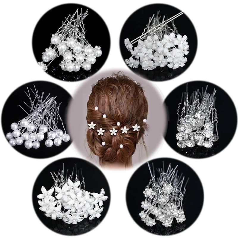 Forcina per capelli con perline, accessorio per acconciatura da sposa con strass, forcina a forma di U con fiore, per donna_voghion.com