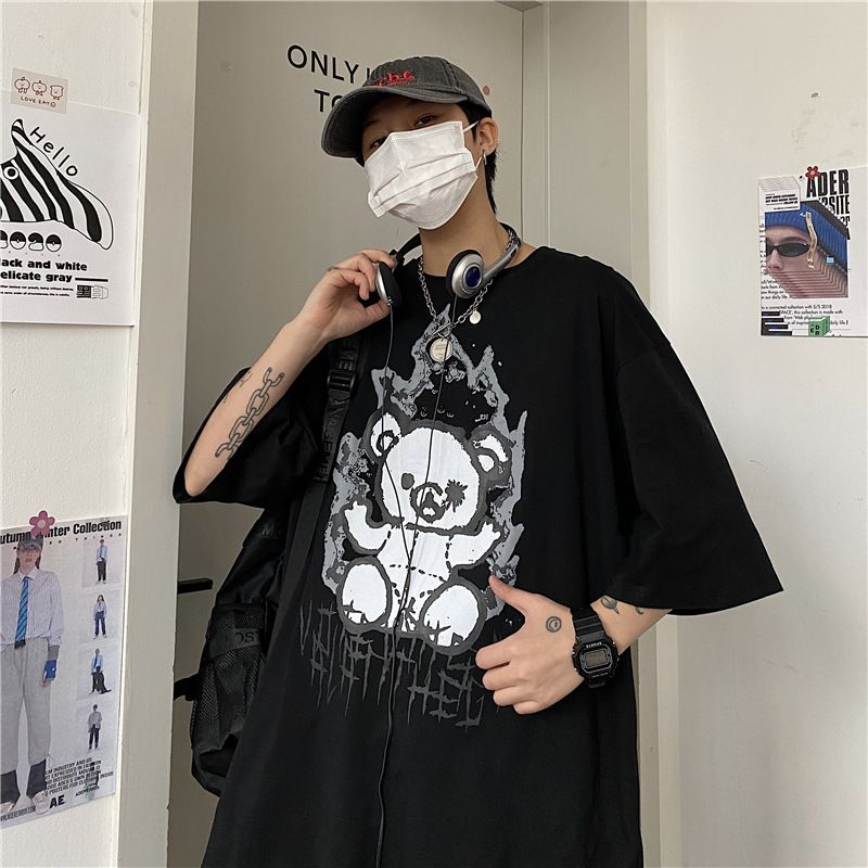 Men's Clothing summer new fashion brand pure cotton bear cartoon print men's Korean loose short sleeved T shirt men's couple wear_voghion.com