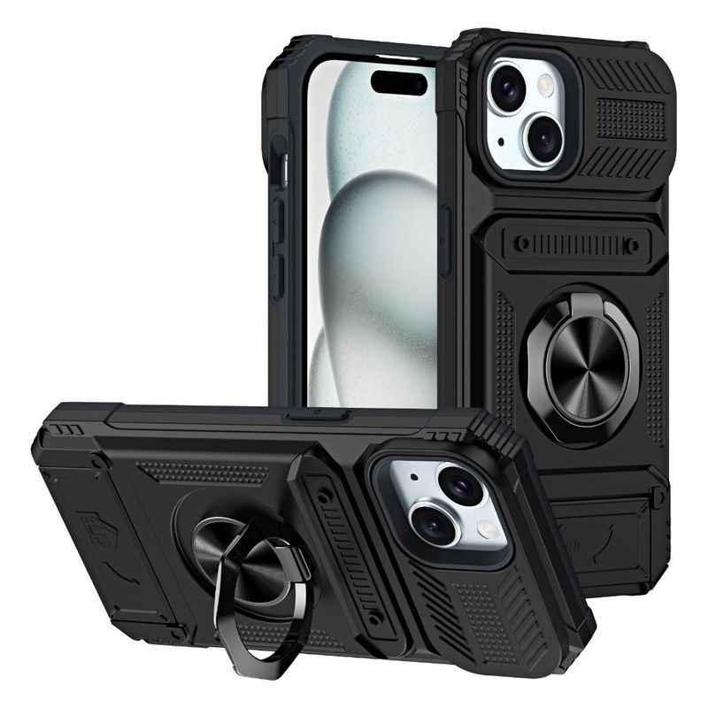 För iPhone 15 14 Plus 13 Pro Max Plånboksfodral med Ring Stativ Korthållare Hårdplast + Mjuk TPU_voghion.com