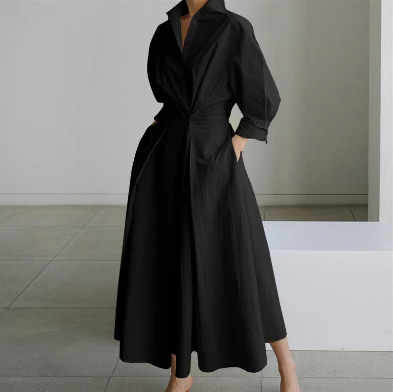 Abito lungo in velluto grigio, con maniche a pois, scollo a V, cerniera alta, comodo e antirughe, modello midi primaverile_voghion.com